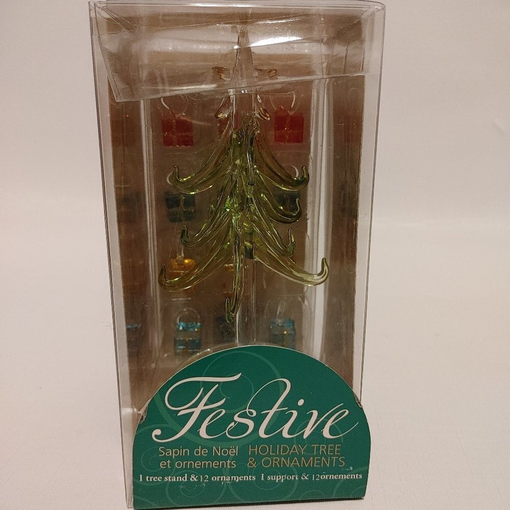 BEAUTIFUL FESTIVE Glass Tree with 12 Glass Holiday Ornaments BNIP